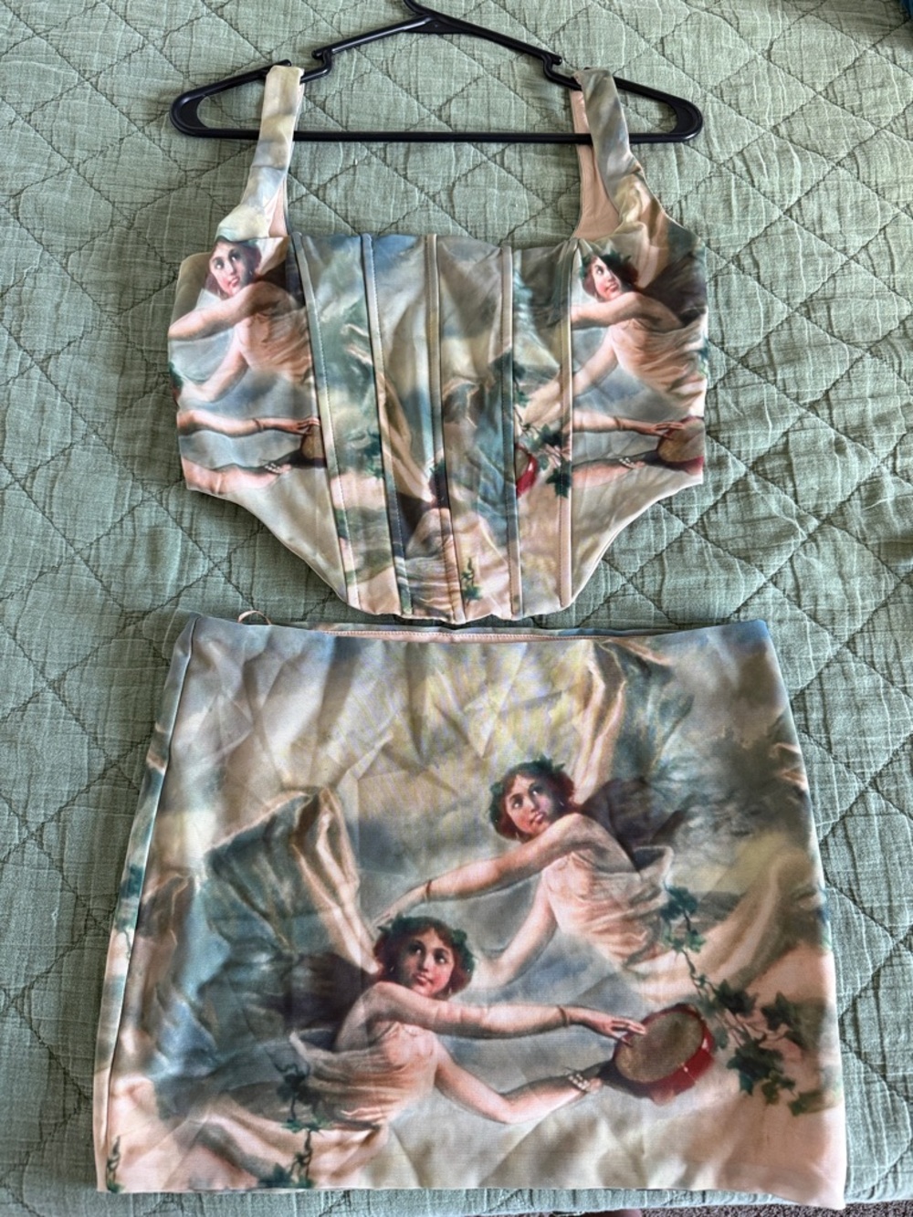 Edikted Pastel Multi Angel Print Bustier & Mini Skirt Set